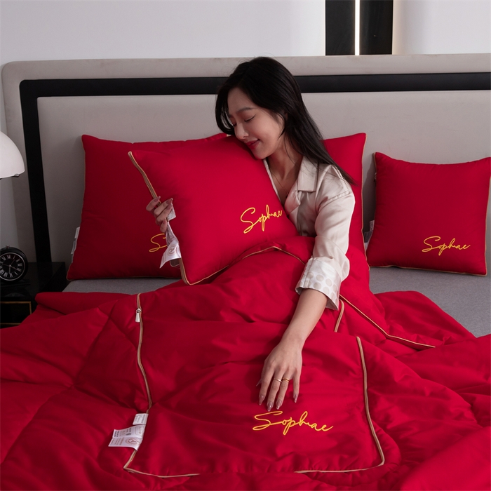 91家纺网 家纺一手货源 找家纺 照世家纺 2024新款时尚简约抗菌棉抱枕被 大红