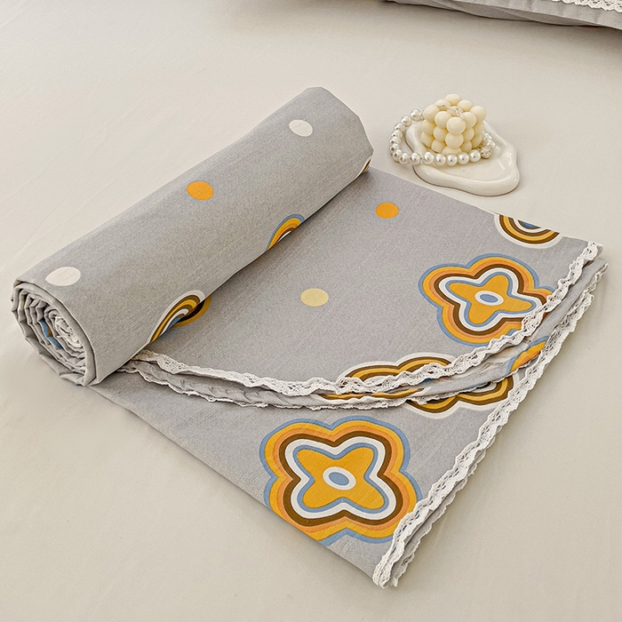 91家纺网 家纺一手货源 找家纺 宜家坊 2024新款鱼骨棉老粗布凉席花边款床单三件套 四叶草-灰