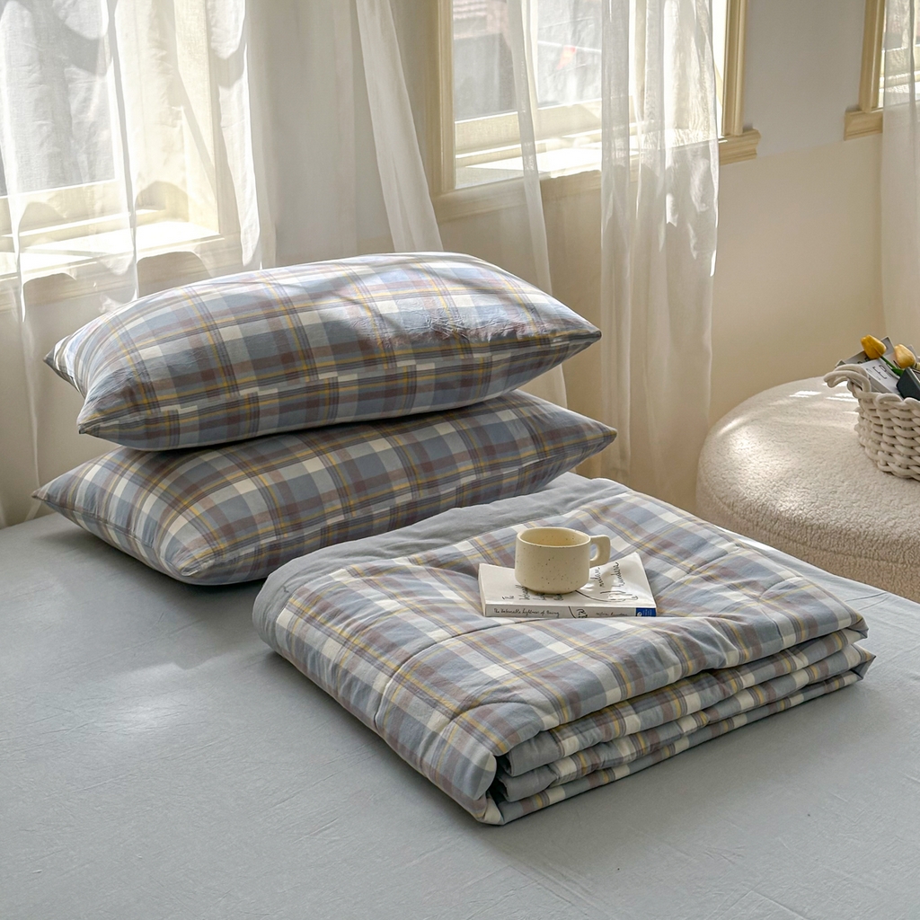 91家纺网 家纺一手货源 找家纺 棉邦 2024新款全棉水洗棉色织夏被四件套 简兮蓝