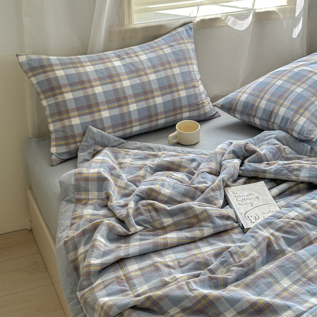 91家纺网 家纺一手货源 找家纺 棉邦 2024新款全棉水洗棉色织夏被四件套 简兮蓝