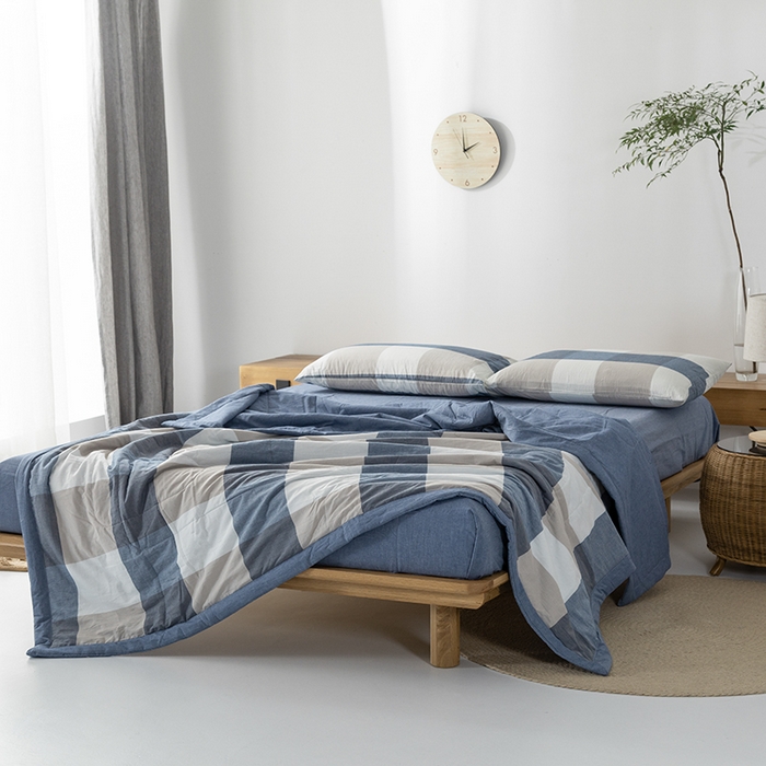 91家纺网 家纺一手货源 找家纺 棉邦 2024新款全棉水洗棉色织夏被四件套 蓝白大格