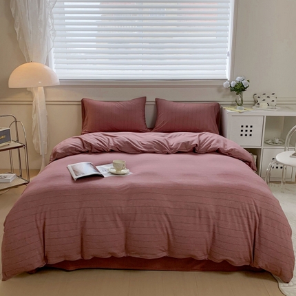 91家纺网 家纺一手货源 找家纺 恋尚羽家纺 2025新款A类母婴级全棉色织针织棉四件套 条纹-豆沙