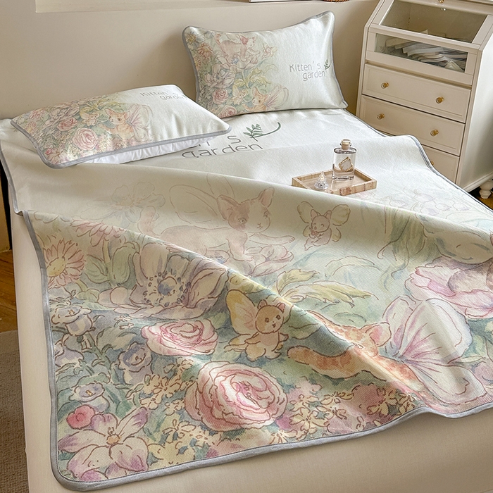 91家纺网 家纺一手货源 找家纺 萝莉家纺 2024新款大版冰丝凉席床席床笠款 小猫咪的花园-平席款 