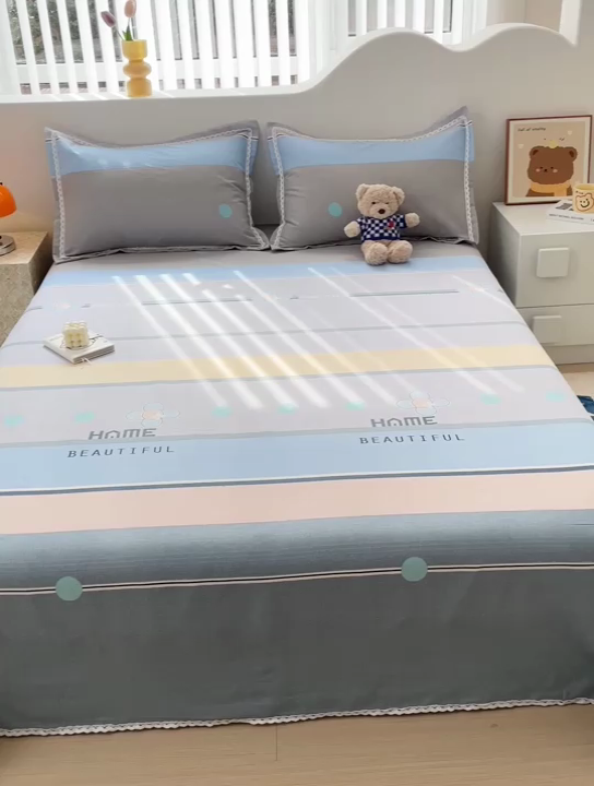 91家纺网 家纺一手货源 找家纺 宜家坊 2024新款鱼骨棉老粗布凉席花边款床单三件套 保罗