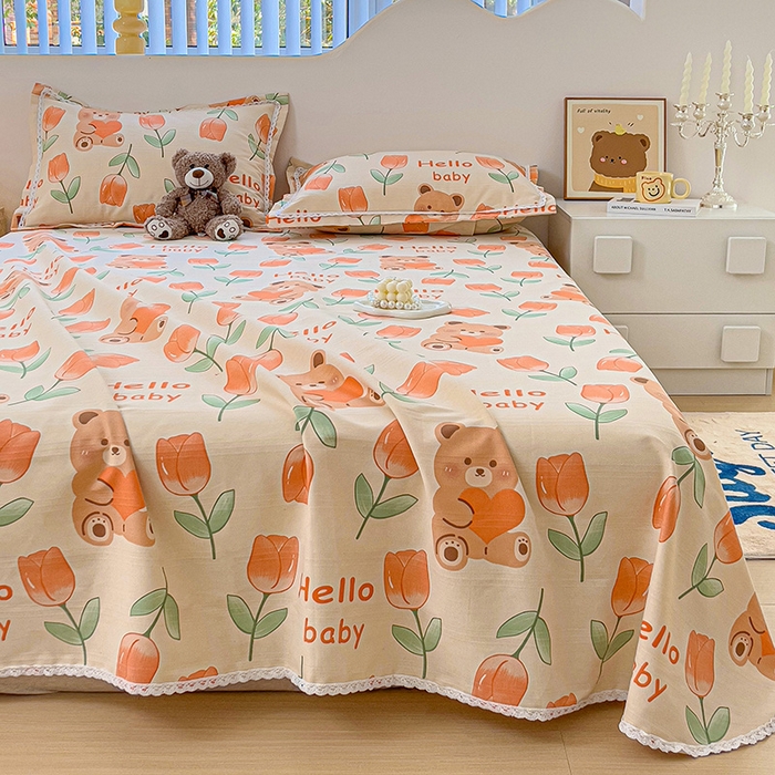 91家纺网 家纺一手货源 找家纺 宜家坊 2024新款鱼骨棉老粗布凉席花边款床单三件套 爱心熊