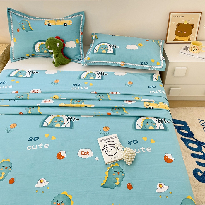 91家纺网 家纺一手货源 找家纺 宜家坊 2024新款鱼骨棉老粗布凉席花边款床单三件套 恐龙日记