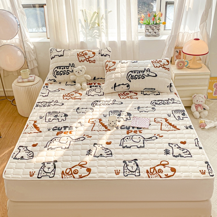 91家纺网 家纺一手货源 找家纺 萌飞2024新款全棉新疆棉花夹棉床垫加厚床褥垫被三件套印花 幼森