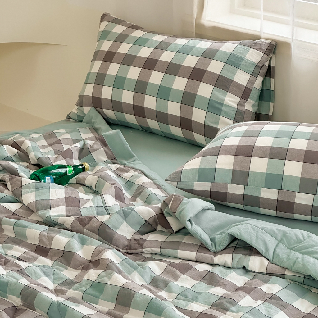 91家纺网 家纺一手货源 找家纺 棉邦 2024新款全棉水洗棉色织夏被四件套 绿方格