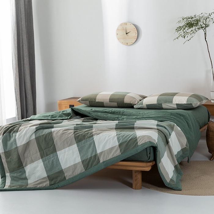 91家纺网 家纺一手货源 找家纺 棉邦 2024新款全棉水洗棉色织夏被四件套 绿大格