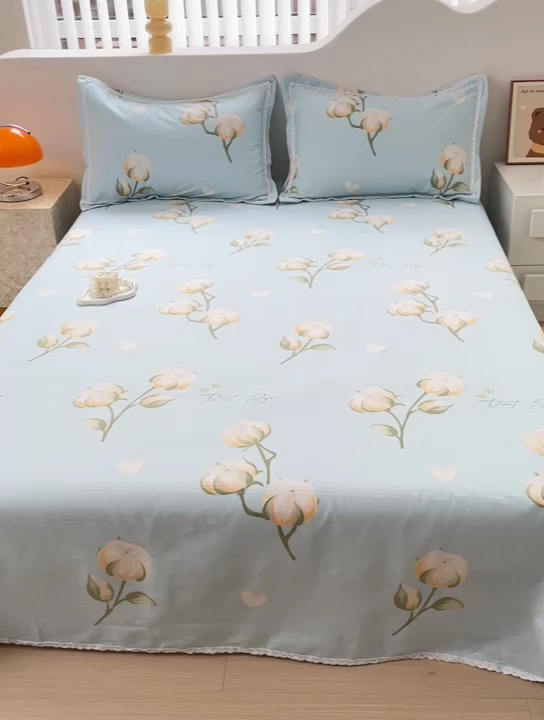 91家纺网 家纺一手货源 找家纺 宜家坊 2024新款鱼骨棉老粗布凉席花边款床单三件套 泡泡棉