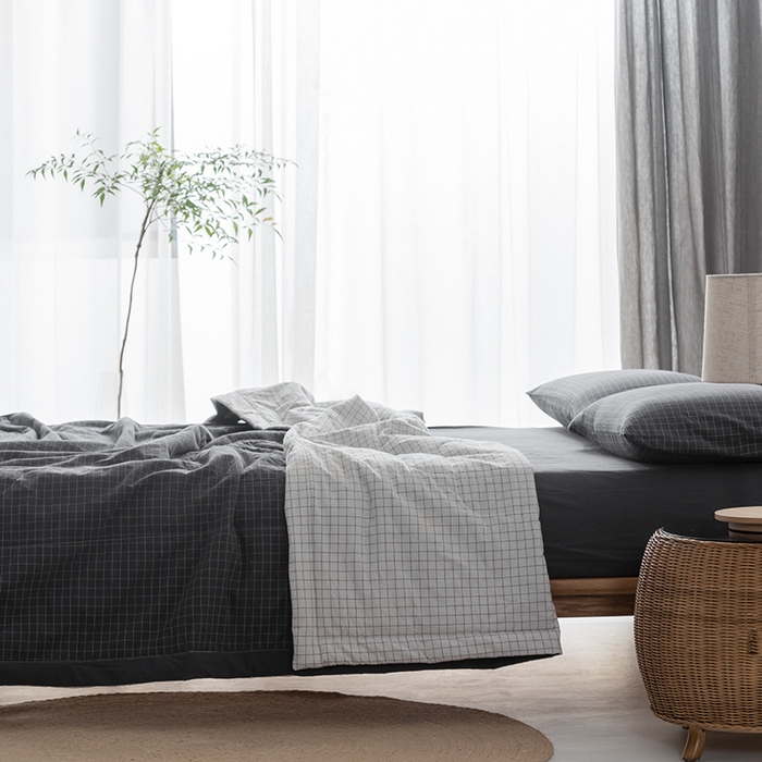 91家纺网 家纺一手货源 找家纺 棉邦 2024新款全棉水洗棉色织夏被四件套 小灰格