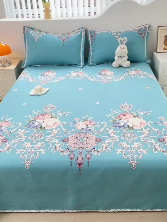 91家纺网 家纺一手货源 找家纺 宜家坊 2024新款鱼骨棉老粗布凉席花边款床单三件套 欧式风情-蓝