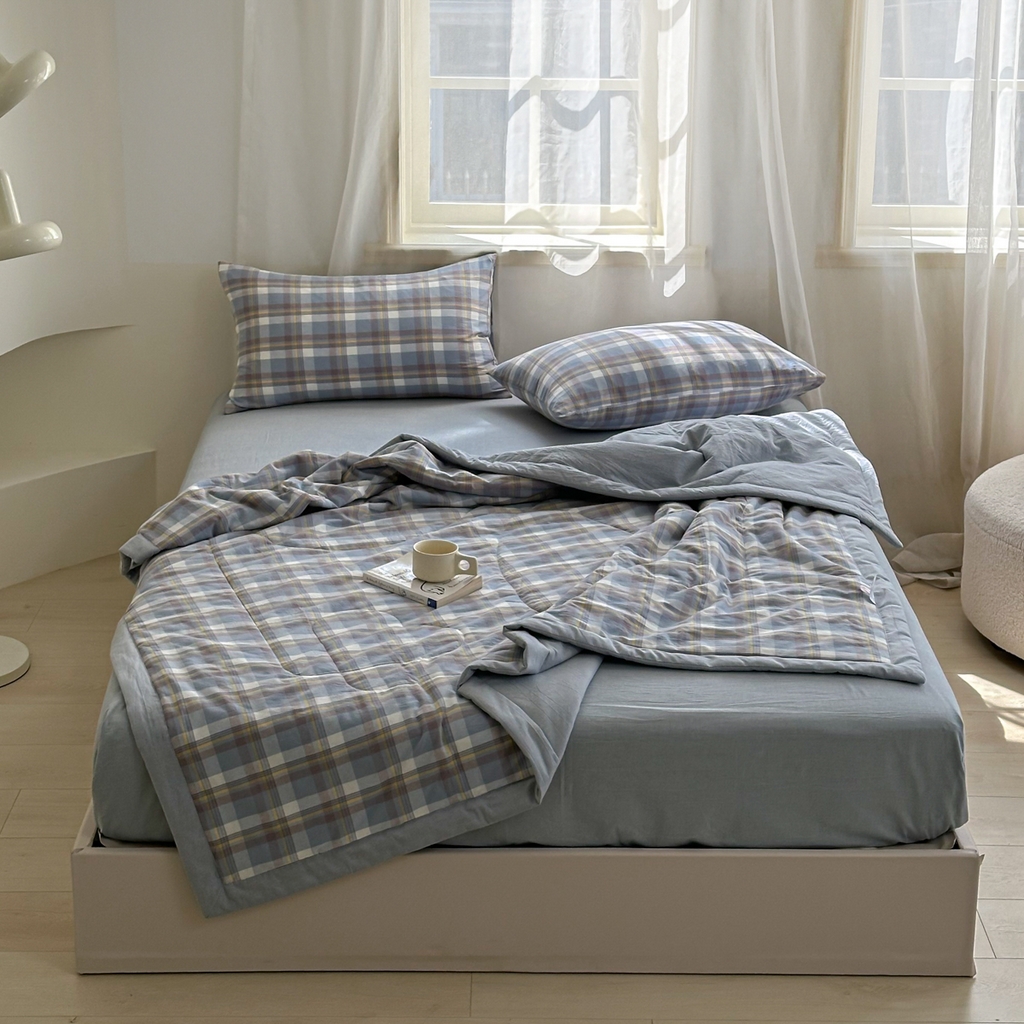 91家纺网 家纺一手货源 找家纺 棉邦 2024新款全棉水洗棉色织夏被四件套 简兮蓝