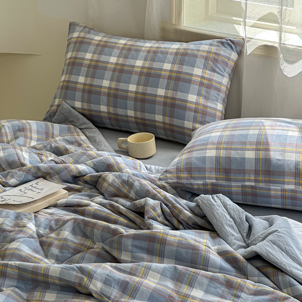 91家纺网 家纺一手货源 找家纺 棉邦 2024新款全棉水洗棉色织夏被四件套 简兮蓝