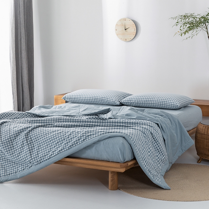 91家纺网 家纺一手货源 找家纺 棉邦 2024新款全棉水洗棉色织夏被四件套 天蓝小格