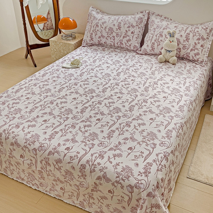 91家纺网 家纺一手货源 找家纺 宜家坊 2024新款鱼骨棉老粗布凉席花边款床单三件套 花意