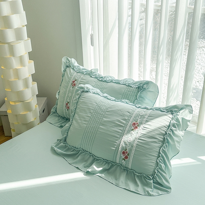 91家纺网 家纺一手货源 找家纺 小主驾到 2024新款公主风水洗棉泡泡纱刺绣蕾丝荷叶边韩版四件套 泡泡纱水绿