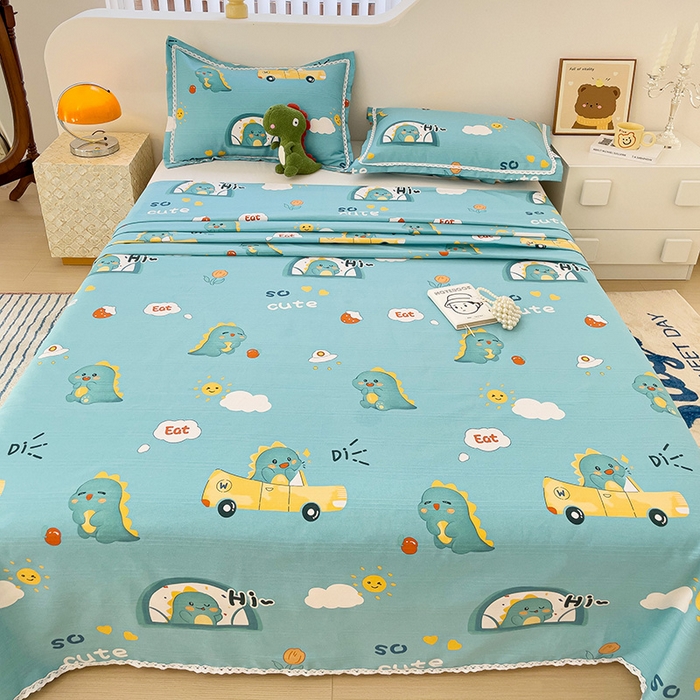 91家纺网 家纺一手货源 找家纺 宜家坊 2024新款鱼骨棉老粗布凉席花边款床单三件套 恐龙日记