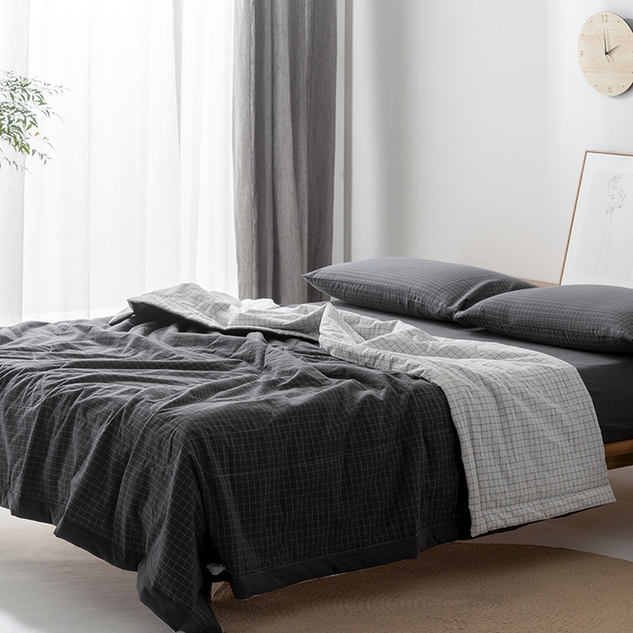 91家纺网 家纺一手货源 找家纺 棉邦 2024新款全棉水洗棉色织夏被四件套 小灰格