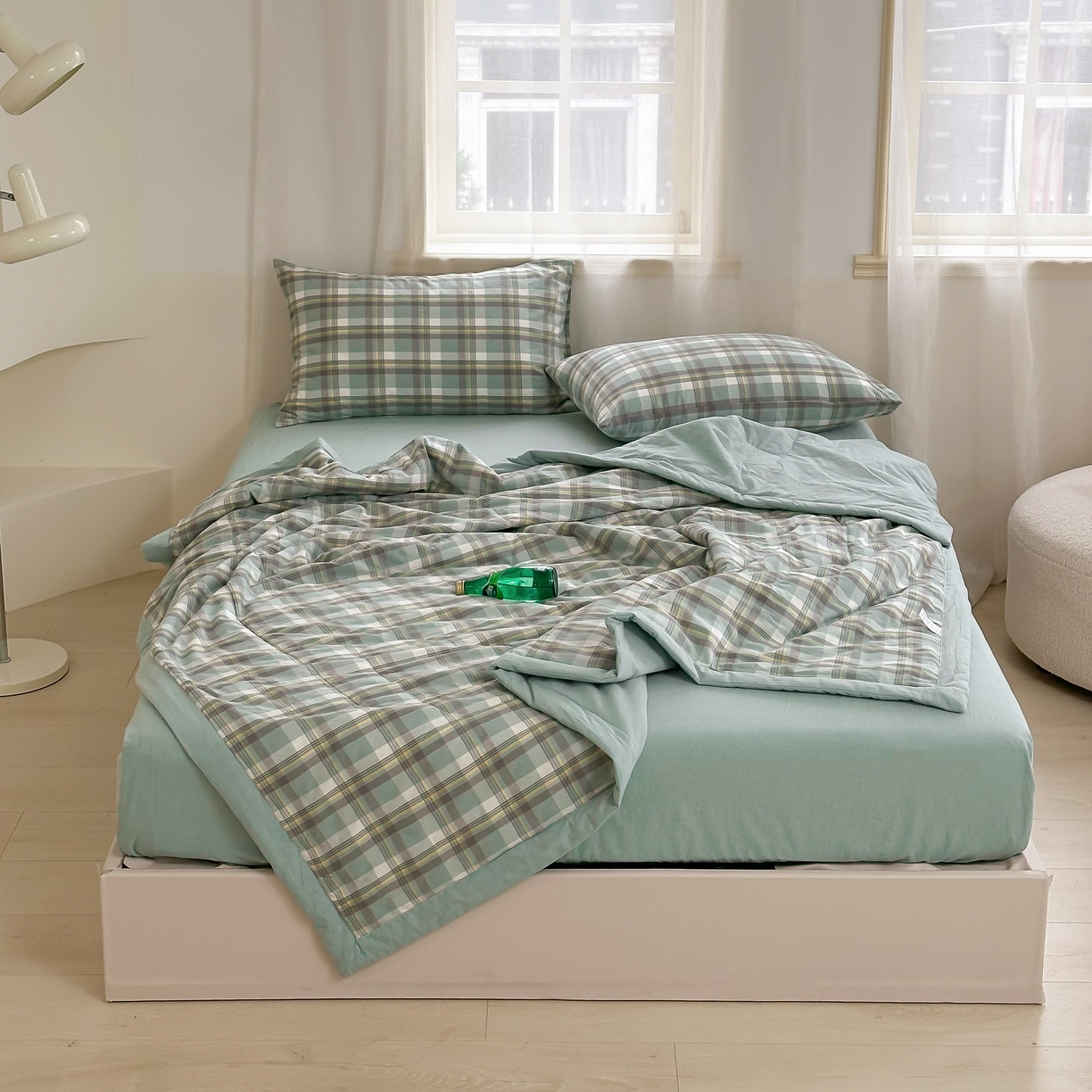 91家纺网 家纺一手货源 找家纺 棉邦 2024新款全棉水洗棉色织夏被四件套 简兮绿