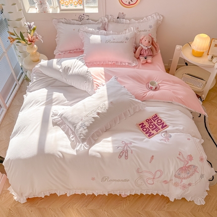 91家纺网 家纺一手货源 找家纺 包小包 2024新款芭蕾女孩系列精密刺绣花边韩版四件套四季款爆款（提供买家秀） 芭蕾女孩-粉白