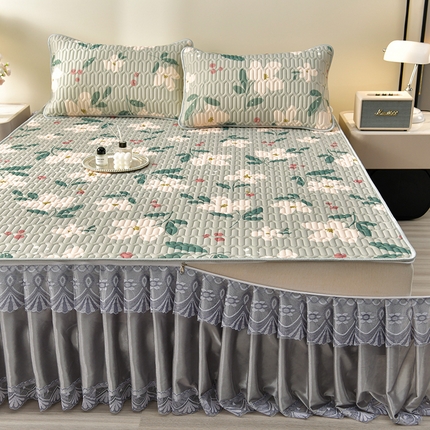 91家纺网 家纺一手货源 找家纺 诺梵 2025新款可拆卸乳胶凉席三件套床裙款 初夏