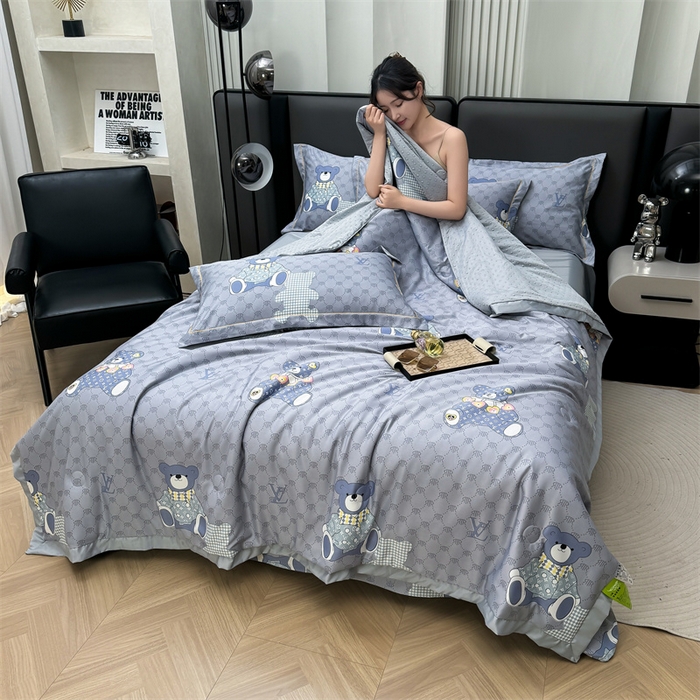 91家纺网 家纺一手货源 找家纺 满羽家纺 2024热款冰丝绸冰豆豆被夏被四件套凉感空调被 呆呆熊 灰