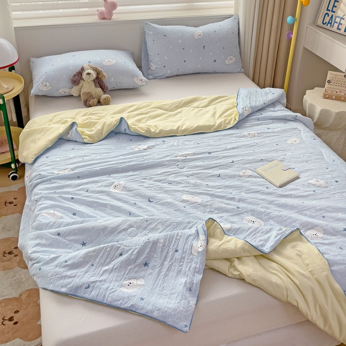 91家纺网 家纺一手货源 找家纺 海岛哥哥 2024新款水洗双层纱超柔单夏被嵌绳款 星空小狗-蓝