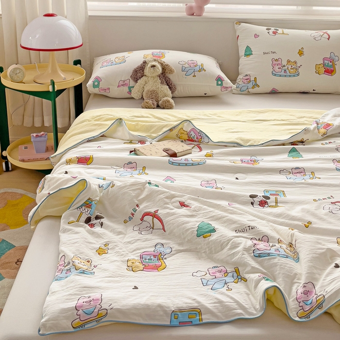 91家纺网 家纺一手货源 找家纺 海岛哥哥 2024新款水洗双层纱超柔单夏被嵌绳款 欢乐园