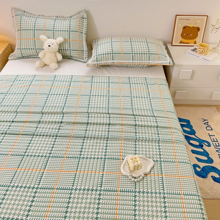 91家纺网 家纺一手货源 找家纺 宜家坊 2024新款鱼骨棉老粗布凉席花边款床单三件套 千鸟格