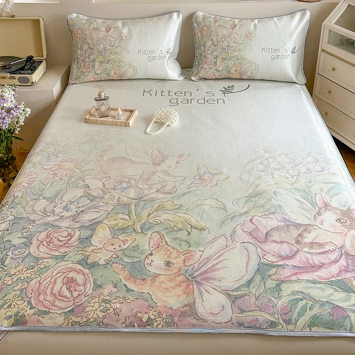 91家纺网 家纺一手货源 找家纺 萝莉家纺 2024新款大版冰丝凉席床席床笠款 小猫咪的花园-平席款 