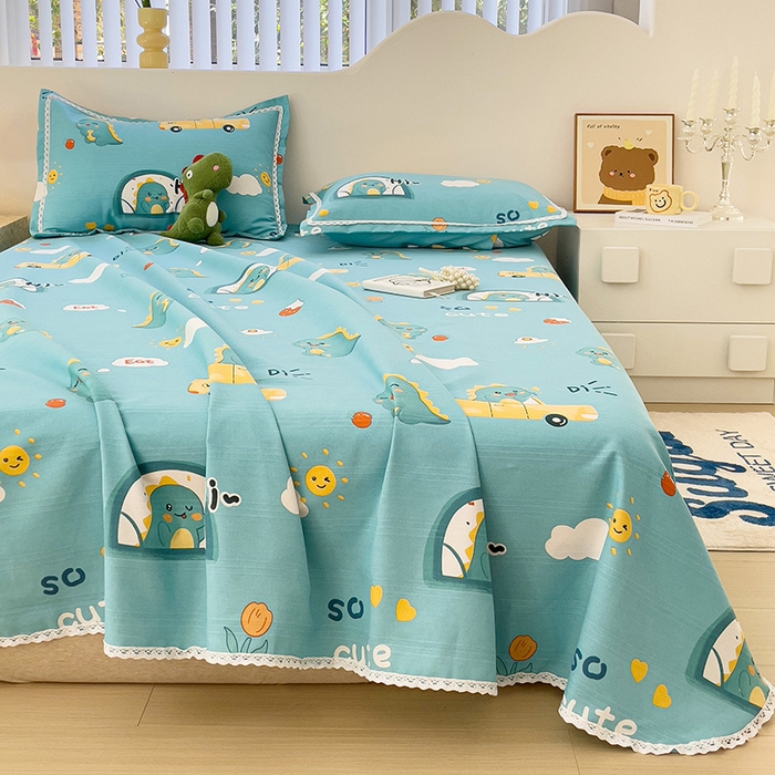 91家纺网 家纺一手货源 找家纺 宜家坊 2024新款鱼骨棉老粗布凉席花边款床单三件套 恐龙日记