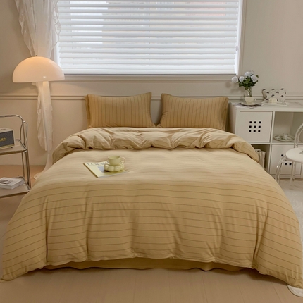 91家纺网 家纺一手货源 找家纺 恋尚羽家纺 2025新款A类母婴级全棉色织针织棉四件套 条纹-黄