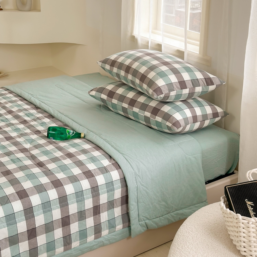 91家纺网 家纺一手货源 找家纺 棉邦 2024新款全棉水洗棉色织夏被四件套 绿方格