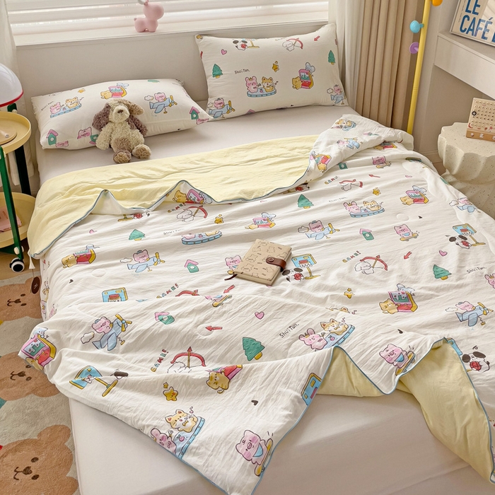 91家纺网 家纺一手货源 找家纺 海岛哥哥 2024新款水洗双层纱超柔单夏被嵌绳款 欢乐园