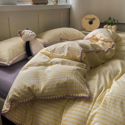 莱茵家居 2024新款A类多巴胺撞色全棉水洗棉四件套 柠檬黄细条