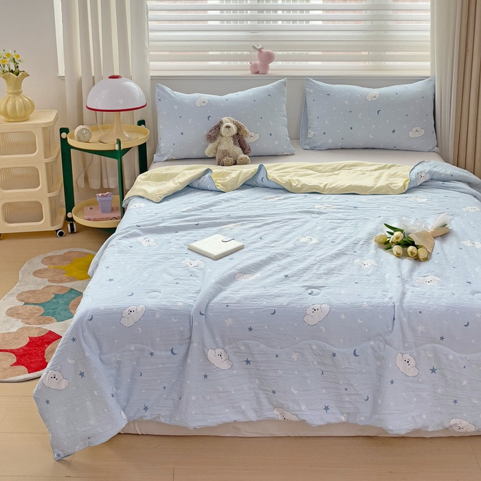 91家纺网 家纺一手货源 找家纺 海岛哥哥 2024新款水洗双层纱超柔单夏被嵌绳款 星空小狗-蓝