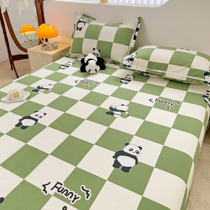 91家纺网 家纺一手货源 找家纺 宜家坊 2024新款鱼骨棉老粗布凉席花边款床单三件套 熊猫