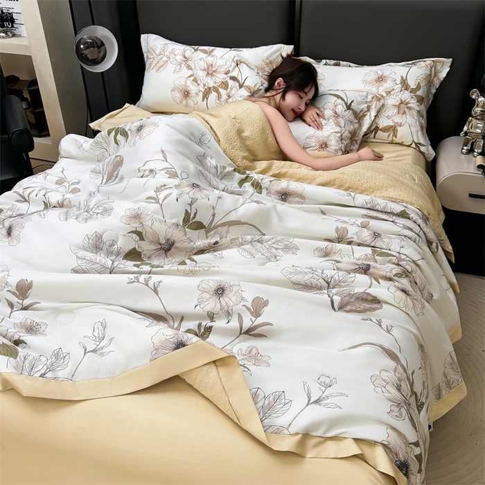 91家纺网 家纺一手货源 找家纺 满羽家纺 2024热款冰丝绸冰豆豆被夏被四件套凉感空调被 满庭芳-棕灰