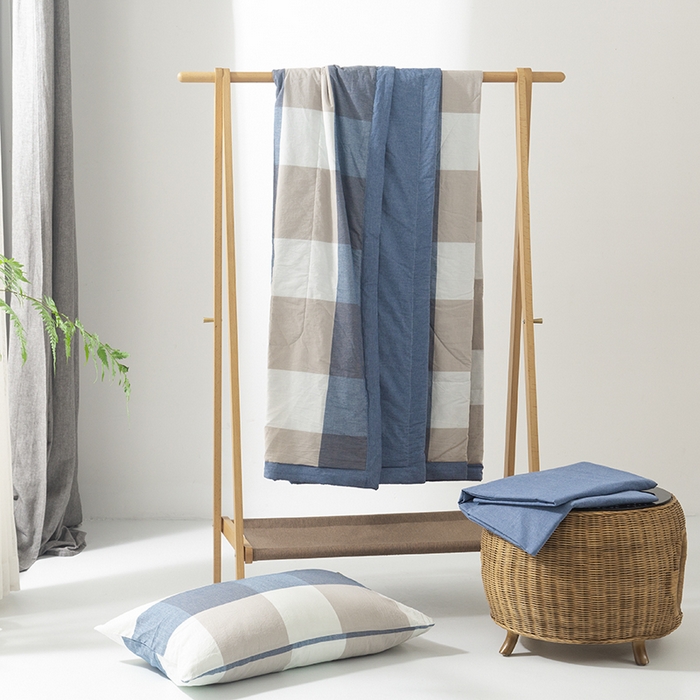 91家纺网 家纺一手货源 找家纺 棉邦 2024新款全棉水洗棉色织夏被四件套 蓝白大格