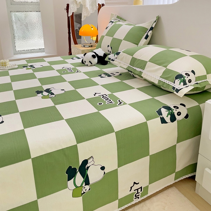 91家纺网 家纺一手货源 找家纺 宜家坊 2024新款鱼骨棉老粗布凉席花边款床单三件套 熊猫