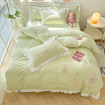 91家纺网 家纺一手货源 找家纺 包小包 2024新款芭蕾女孩系列精密刺绣花边韩版四件套四季款爆款（提供买家秀） 芭蕾女孩-奶绿