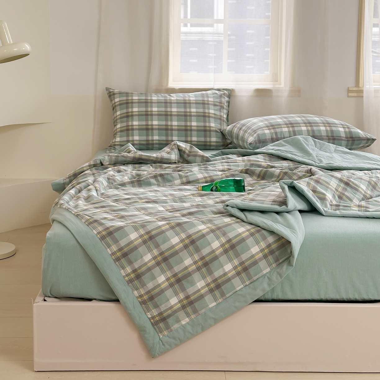 91家纺网 家纺一手货源 找家纺 棉邦 2024新款全棉水洗棉色织夏被四件套 简兮绿