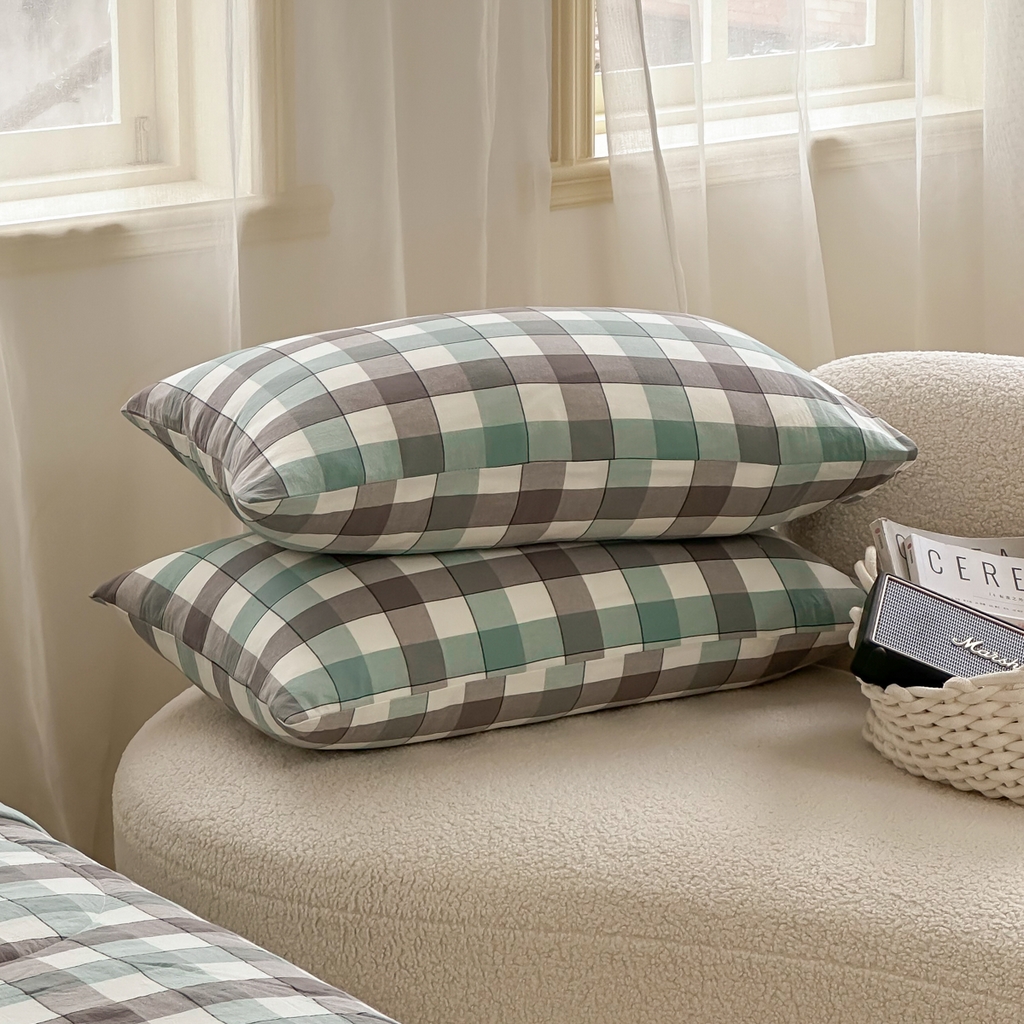 91家纺网 家纺一手货源 找家纺 棉邦 2024新款全棉水洗棉色织夏被四件套 绿方格