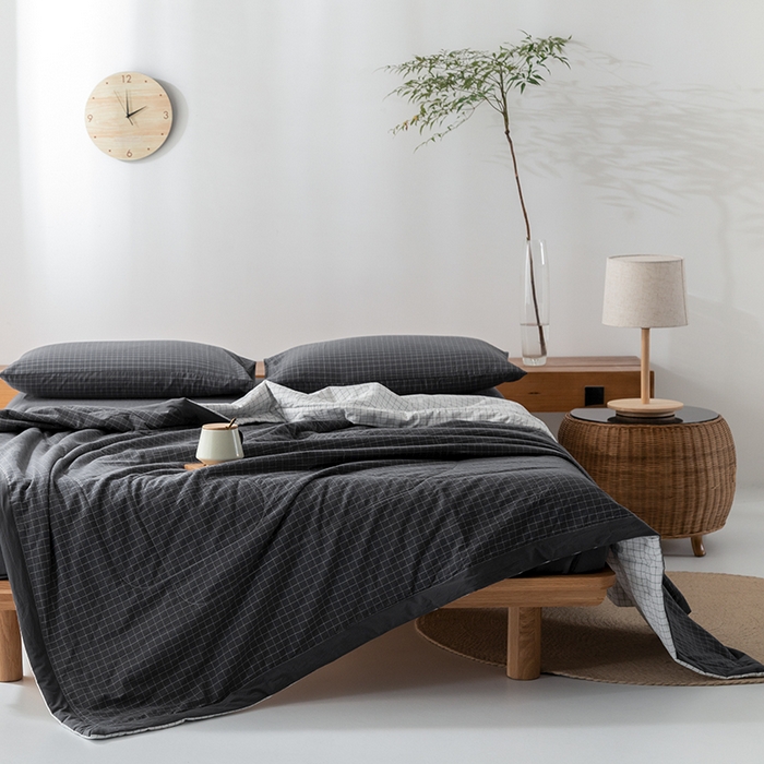 91家纺网 家纺一手货源 找家纺 棉邦 2024新款全棉水洗棉色织夏被四件套 小灰格