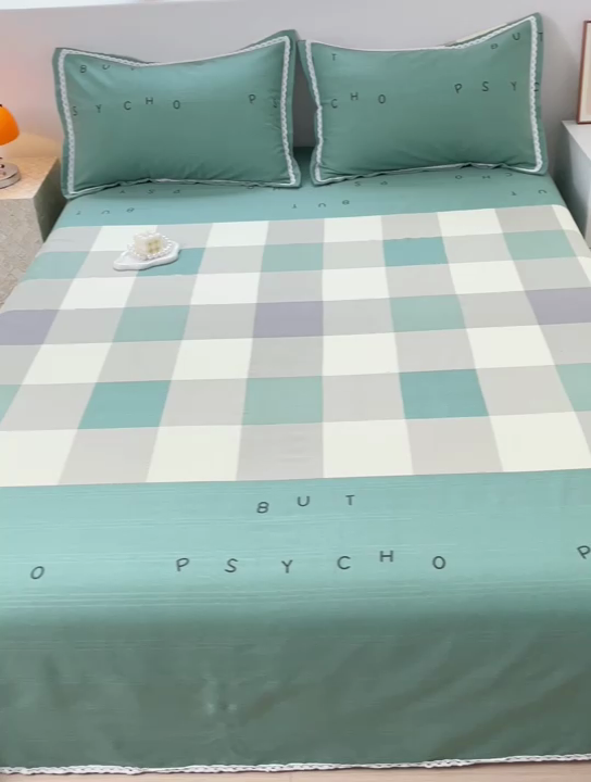 91家纺网 家纺一手货源 找家纺 宜家坊 2024新款鱼骨棉老粗布凉席花边款床单三件套 宜家-绿