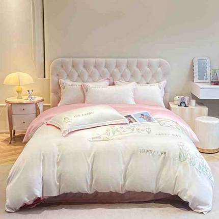 91家纺网 家纺一手货源 找家纺 爱家 2024新款雪莲天丝四件套-郁金香 郁金香-奶昔白