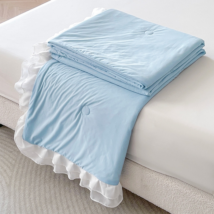 91家纺网 家纺一手货源 找家纺 虹星家纺 2024新款凉感丝印花可拆床裙套件-夏被凉席四件套 天空蓝