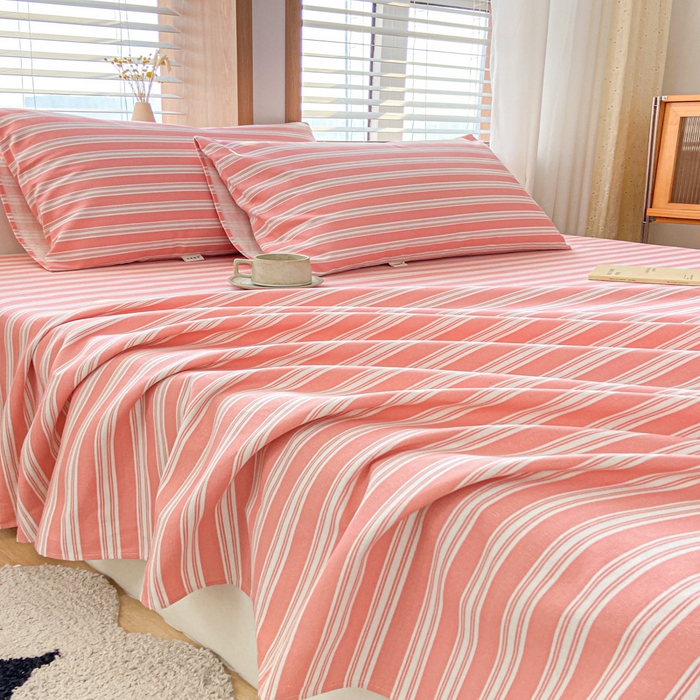 91家纺网 家纺一手货源 找家纺 新印象 2025新款原棉包边工艺款老粗布床单三件套 条纹粉