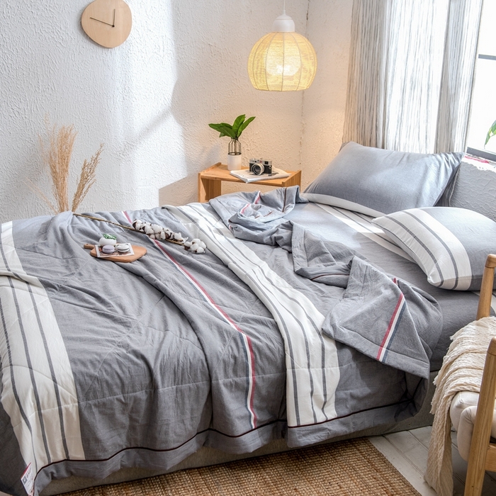 91家纺网 家纺一手货源 找家纺 21度C 2024新款A类全棉色织水洗棉棉花夏被 光阴灰